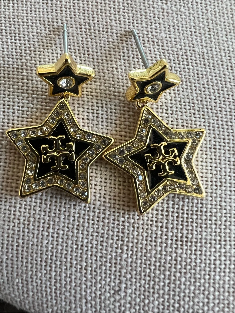 Tory Burch Black and Gold Star Drop Earrings with Crystal Accents